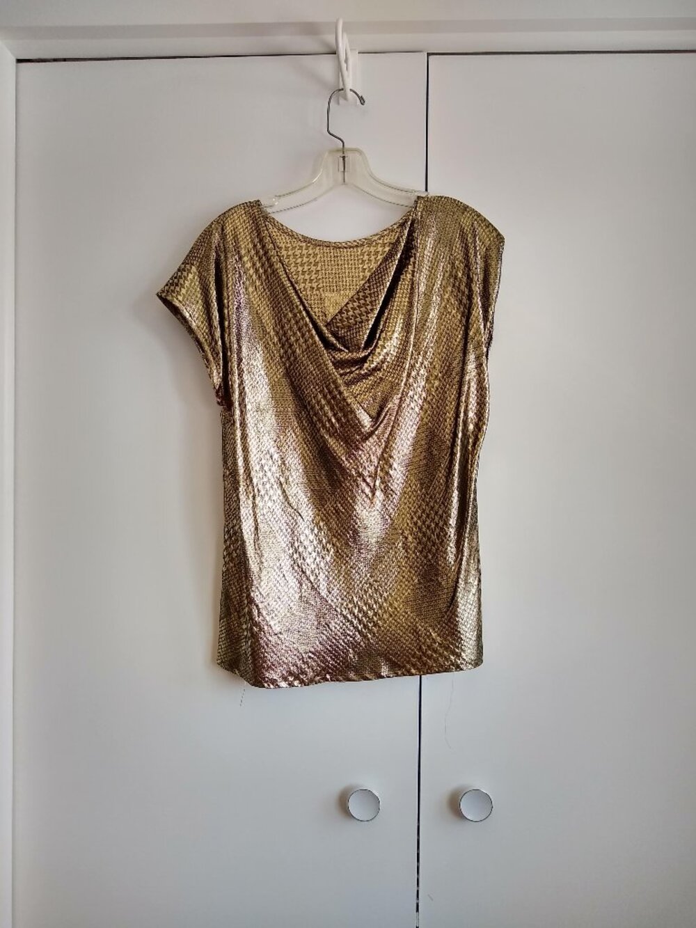 vintage 80s gold metallic drape neck top